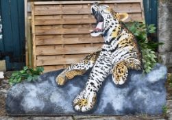FORMER BRISTOL ZOO GARDENS - WOODEN LEOPARD WITH FOLIAGE DISPLAY