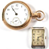 GOLD PLATED WALTHAM POCKET WATCH & ART DECO TANK FACED WATCH