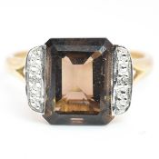 HALLMARKED 9CT GOLD SMOKY QUARTZ & DIAMOND RING