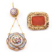 19TH CENTURY CARNELIAN BROOCH PIN & MICRO MOSAIC NECKLACE PENDANT