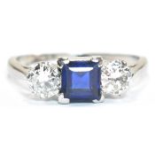 18CT GOLD PLATINUM SAPPHIRE & DIAMOND THREE STONE RING