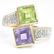 HALLMARKED 9CT GOLD PERIDOT & AMETHYST & DIAMOND CROSSOVER RING