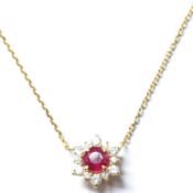 GOLD RUBY & DIAMOND CLUSTER PENDANT NECKLACE