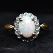 HALLMARKED 9CT GOLD OPAL & DIAMOND CLUSTER RING