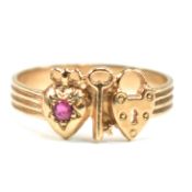 HALLMARKED 9CT GOLD & RUBY HEART PADLOCK RING