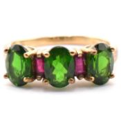 HALLMARKED 9CT GOLD CHROME DIOPSIDE & RUBY THREE STONE RING