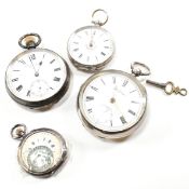 FOUR SILVER OPEN FACED POCKET WATCHES