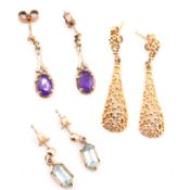 THREE PAIRS OF 9CT GOLD & GEM SET PENDANT EARRINGS