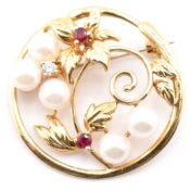 18CT GOLD CULTURED PEARL & DIAMOND & RUBY BROOCH PIN