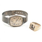 1930S ART DECO SILVER WRISTWATCH AND SEAL RING