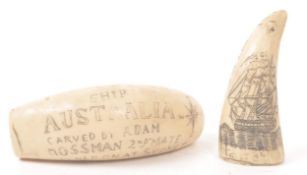 TWO 20TH CENTURY RESIN SCRIMSHAW SPERM WHALE CARVED TEETH