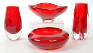 FOUR VINTAGE MID-CENTURY WHITEFRIARS RED GLASS PIECES
