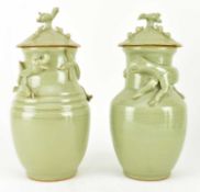 PAIR OF LONGQUAN CELADON CERAMIC URNS 龙泉 青釉贴花龙虎尊 一对