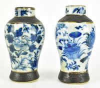 PAIR OF QING NANKING BLUE AND WHITE MINIATURE VASES 清 仿哥窑青花花鸟小瓶一对