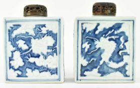 TWO QING DYNASTY BLUE AND WHITE TEA CADDY 清 青花浮雕茶叶罐两个