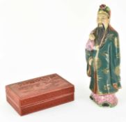 EARLY 20TH CENTURY CINNABAR LACQUERED BOX AND GOD OF PROSPERITY