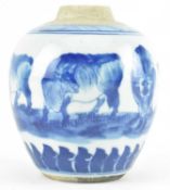 QING / REPUBLIC ERA BLUE AND WHITE OXEN JAR 清民国 青花五牛罐