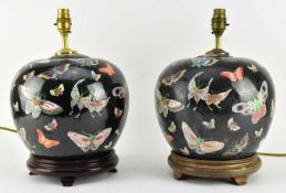PAIR OF QING DYNASTY FAMILLE NOIR CERAMIC LAMP BASE 清 黑底珐琅彩灯座一对