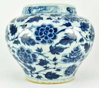 MING BLUE AND WHITE 'PEONY' JAR 明 青花缠枝莲纹罐