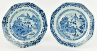 PAIR OF QING DYNASTY BLUE AND WHITE CHARGERS 清 青花山水八角盘一对