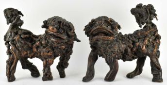PAIR OF FINE QING DYNASTY ROOTWOOD GUARDIAN LIONS FU DOGS 清 根雕守护狮子一对