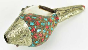 TIBETAN METAL MOUNTED CONCH SHELL TEMPLE HORN 清 西藏银镶海螺·号角