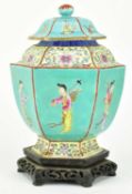 REPUBLIC FAMILLE ROSE HEXAGONAL FIGURINE LIDDED JAR 民国粉彩人物六方盖罐