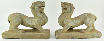 LARGE PAIR OF GREY STONE FIGURES OF PIXIU 彩绘青石貔貅一对