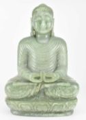 LARGE CELADON JADE FIGURE OF SEATED BUDDHA 玉雕佛坐像