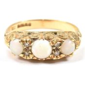 HALLMARKED 18CT GOLD OPAL & DIAMOND THREE STONE RING