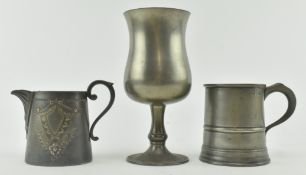 THREE VINTAGE ENGLISH PEWTER GOBLET, TANKARD AND CREAMER JUG
