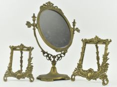 VICTORIAN BRASS FRAMED VANITY MIRROR & TWO SIMILAR PHOTO FRAMES