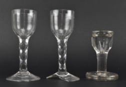 HEAVY MID 18TH CENTURY GEORGE II DRAM GLASS & A PAIR OF WINE GLASSES