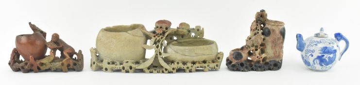 COLLECTION OF THREE EARLY 20TH CENTURY CHINESE CARVED SOAPSTONE