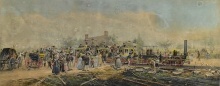 EDWARD LAMSON HENRY (1841-1919) - ' THE FIRST RAILROAD ' COLOURED ENGRAVING