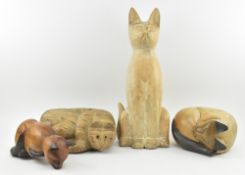 FOUR VINTAGE SOUVENIR CARVED HARDWOOD CAT FIGURINES