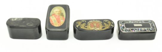 COLLECTION OF FOUR LACQUER PAPER MACHE SNUFF BOXES