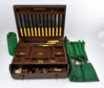 LARGE WOODEN CANTEEN OF SILVER PLATED CUTLERY AND MIXED CUTLERY