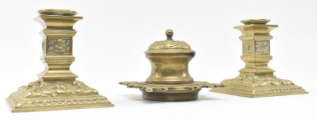 PAIR OF LATE 19TH CENTURY BRASS CANDLESTICKS & INKWELL