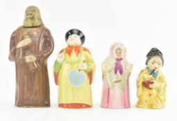 THREE CERAMIC ROYAL WORCESTER CANDLE SNUFFERS & A DECANTER