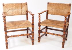 PAIR OF FRENCH RUSH & TURNED OAK CARVER ARMCHAIRS