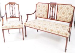 EDWARDIAN TWO PIECE MARQUETRY & MAHOGANY PARLOUR SALON SUITE