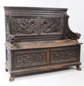 LATE 19TH CENTURY VICTORIAN CARVED OAK HALL SETTLE BENCH