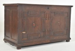 EARLY 18TH CENTURY CARVED OAK BLOCK FRONTED COFFER CHEST