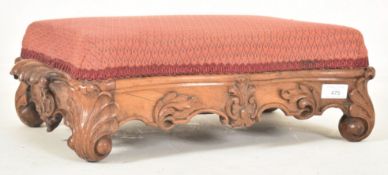 19TH CENTURY CARVED WALNUT & UPHOLSTERED FOOTSTOOL
