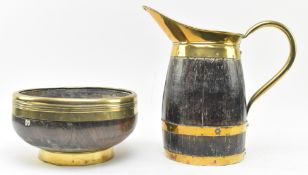 GEORGE III 19TH CENTURY FRUITWOOD & BRASS COOPERED JUG & BOWL