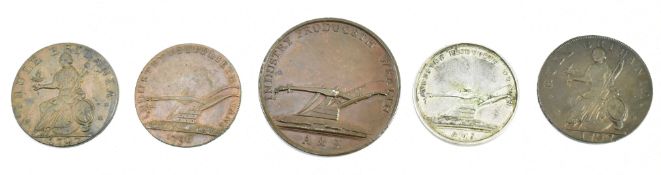 THE SOCIETY OF BUCKS - FIVE LATE 18TH CENTURY 1797 & LATER COPPER TOKENS / COINS