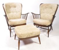 ERCOL FURNITURE - MID CENTURY ERCOL WINDSOR ARMCHAIR PAIR & FOOTSTOOL