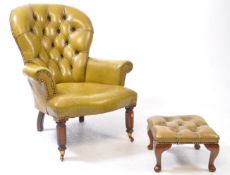 BUTTON BACKED CHESTERFIELD GREEN LEATHER ARMCHAIR & FOOTSTOOL