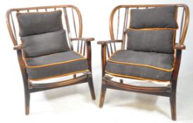PAIR OF MID CENTURY ERCOL MANNER SPINDLE BACK EASY ARMCHAIRS